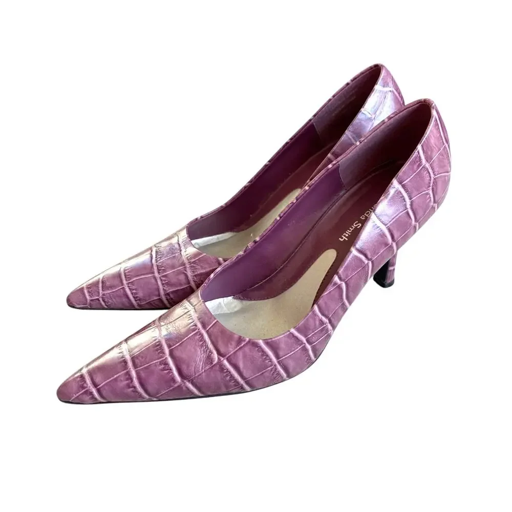 Amanda Smith purple leather stiletto pumps US 7.5M shoes moc croc pointy toes
